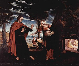 Hans Holbein the Younger's Noli me tangere a relatively rare Protestant oil painting of Christ from the Reformation period. It is small, and generally naturalistic in style, avoiding iconic elements like the halo, which is barely discernible. Noli me tangere by Hans Holbein d. J. - Hampton Court Palace.jpg