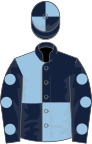 Dark blue and light blue (quartered), dark blue sleeves, light blue spots