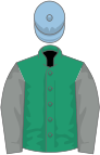 Emerald green, grey sleeves, light blue cap