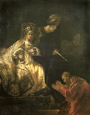 Haman Begging the Mercy of Esther, by Rembrandt