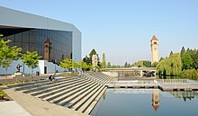 The Great Northern Railway clock tower and former Expo '74 Washington State Pavilion in Riverfront Park