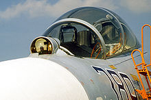 An OLS-27 IRST with laser rangefinder on the Sukhoi Su-27 Su-27UB cockpit.jpg