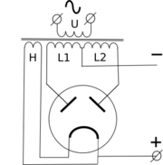 Full-wave rectifier, with vacuum tube having two anodes.