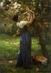 Moeder en kind in een sinaasappel boomgaard