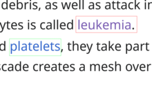 Text with two links, one titled leukemia is purple, the other is not.