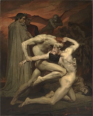 Painting depicting two nude men in combat in Hell, one biting the other's neck, being observed by Dante and Virgil