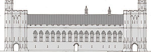 A drawing of the front of a castle hall, with two towers at either end and a row of high windows running along with the middle. The drawing is in shades of grey.