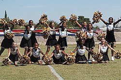 Youth Cheerleaders during a football halftime show. Youth Cheer - high school ages and younger - make up the vast majority of cheerleaders and cheer teams.