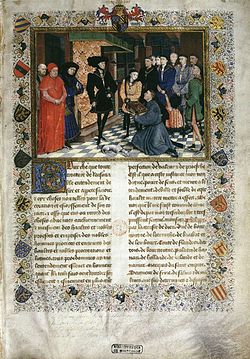 Frontispice des Chroniques de Hainaut : Présentation des Chroniques de Hainaut à Philippe le Bon par Jean Wauquelin. Peint par Rogier van der Weyden en 1447. Bibliothèque royale de Belgique, Bruxelles, Ms.9242, f.1