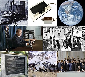 Clockwise from top-left: an earthquake in Nicaragua kills 4,000-11,000 people; the first commercial home video game console, the Magnavox Odyssey, is released; a photo of the Earth known as The Blue Marble is taken during Apollo's final mission; during the 1972 Summer Olympics in Munich, a terrorist attack carried out; Anti-Ballistic Missile Treaty is signed; Uruguayan Air Force Flight 571 crashes at the Andes, survivors resort to cannibalism to survive; President Ferdinand Marcos announces on television that the entirety of the Philippines is under martial law (eventually lifted in 1981); US President Richard Nixon is implicated in a scandal involving the theft of documents from the Watergate complex in Washington, D.C. 1972 Events Collage.jpg