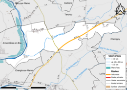 Carte en couleur présentant le réseau hydrographique de la commune