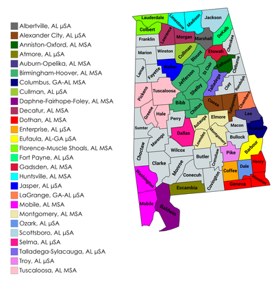 Map of the 27 core-based statistical areas in Alabama.