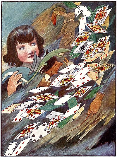 A pack of cards fly up into the air as Alice looks on.