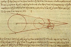 Aristarchus's 3rd-century BCE calculations on the relative sizes of (from left) the Sun, Earth and Moon, from a 10th-century CE Greek copy Aristarchus working.jpg