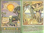 Axel Törnemans omslag till "Svenska Turistföreningens Årsskrift 1925" med Shell-reklam på baksidan
