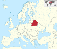 Carte administrative de l'Europe, montrant la Biélorussie en rouge.