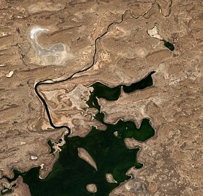 Nehrin son kısımları ve Aşçıkol Gölü kıyısındaki ağzı, Sentinel-2 görüntüsü — Ağız, Kazakistan