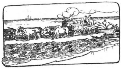 A cart with bullocks in the surf on a beach with a long-boat with barrels alongside unloading, and a schooner waiting just offshore