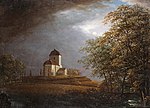 Utsikt mot Andrarums kyrka, oljemålning av landskapsmålaren Carl Johan Fahlcrantz från 1800-talets första hälft.
