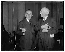 Washington D.C. Concentration of wealth in the control of a few corporations has increased since 1931. Dr. Charles A. Beard, (right) told the Senate Judiciary subcommittee. Dr. Beard, noted political scientist and economist, was testifying in defense of the O'Mahoney Corporation Licensing Bill, which, if passed, will require corporations dealing in interstate commerce to comply with specified standards to acquire a federal license. Senator Joseph O'Mahoney, author of the bill and Chairman of the Committee, on left Concentrated wealth on increase. Washington D.C. Concentration of wealth in the control of a few corporations has increased since 1931. Dr. Charles A. Beard, (right) told the Senate LCCN2016871193.jpg