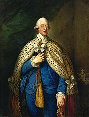 Three-quarter portrait of King George III in his parliamentary robes, a blue suit with a leopard cape.