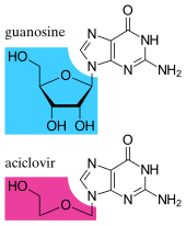 The structure of the DNA base guanosine and the antiviral drug acyclovir Guanosine aciclovir comparison.svg