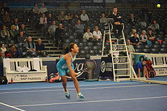 The crowd watches Heather Watson play a point at the Kockelscheuer Sport Centre during the 2015 Luxembourg Open.