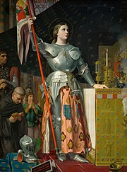 Joan at the coronation of Charles VII, by Jean Auguste Dominique Ingres (1854), is typical of attempts to feminize her appearance. Note the long hair and the skirt around the armor.