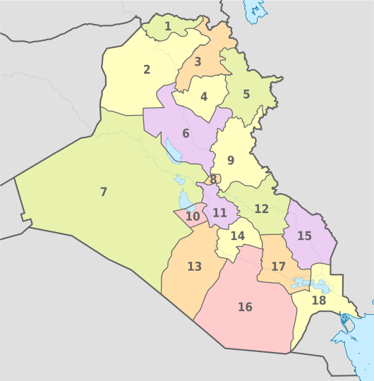Locations of the governorates of Iraq in which the teams play in the first stage