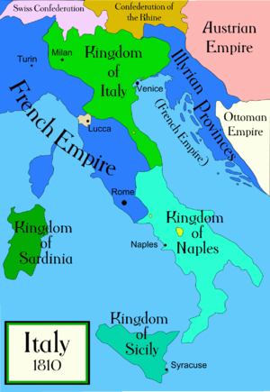 Italia în 1810, cu Regatul Italiei, Imperiul Francez (Piemont, Parma și Toscana), Regatul Neapolelui, Sicilia și Sardinia