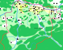 Mapa przedstawiająca osadnictwo na obszarze kasztelanii oświęcimskiej