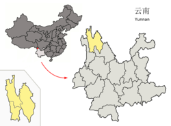 雲南省中のデチェン・チベット族自治州の位置