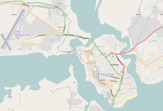 Mapa konturowa Mombasy, na dole po prawej znajduje się punkt z opisem „Mombasa”