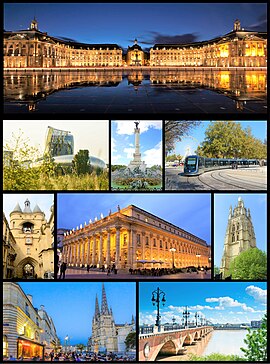 Top:View of Bourse Palace and Garonne River, Middle left:View ot Saint-Andre Cathedral and Bordeax Tramway, Middle right:Night view of Allees du Tourny and Maison de Vin, Bottom left:Front of Palais Rohan Hotel, Bottom center:Meriadeck Commercial Centre, Bottom right:Pierre Bridge in Garonne River