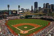 PNC Park in the North Shore neighborhood, home of the Pittsburgh Pirates baseball team since 2001 Pedro goes to Pittsburgh.jpg