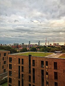 The view from the 'Lowry 2' building of the University of Salford's Peel Park Quarter student accommodation looking towards Manchester. Peel Park Quarter.jpg