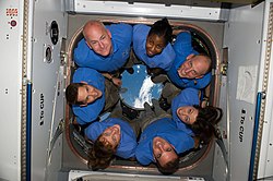 Crew members (STS-131) on the International Space Station (14 April 2010). STS-131 crew members in ISS Cupola.jpg