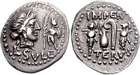 Coin with Venus and Cupid holding a palm branch on the obverse, and a lituus and guttus between two trophies symbolizing Sulla's victories in Greece.