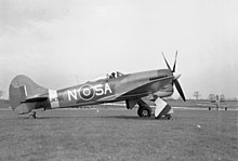 Early Tempest Mk. V of 486 Sqn. April 1944. JN766 still has its black and white Typhoon-style underwing recognition bands. Tempest Mk.V 486 Sqn RNZAF at Castle Camps 1944.jpg