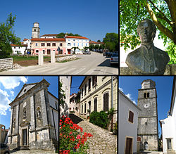 Nahoře: Náměstí, socha Juraje Dobrily Dole: Kostel sv. Šimona a Judy Tadeáše, stará ulice s kočičími hlavami, hodinová věž