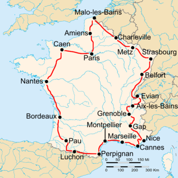 Map of France with the route of the 1932 Tour de France