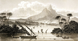 Офорт, изображающий гавань со стороны моря и небольшие лодки на переднем плане.