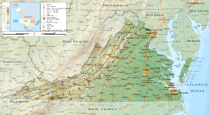 A topographic map of Virginia, with text identifying cities and natural features.
