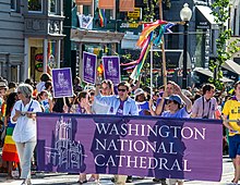 Washington National Cathedral (Episcopal Church in the United States) at D.C. Gay Pride (2014) Washington National Cathedral - DC Capital Pride - 2014-06-07 (14208630707).jpg