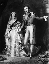 Queen Victoria in her white wedding dress with Prince Albert on their return from the marriage service at St James's Palace, London, 10 February 1840 Wedding of Queen Victoria and Prince Albert.jpg