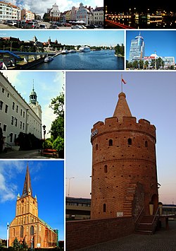 Top: Market; Old Town Hall, The OderMiddle: National Sea Museum, PAZIM buildingBottom: Ducal Castle, St James' Cathedral, Virgin Tower