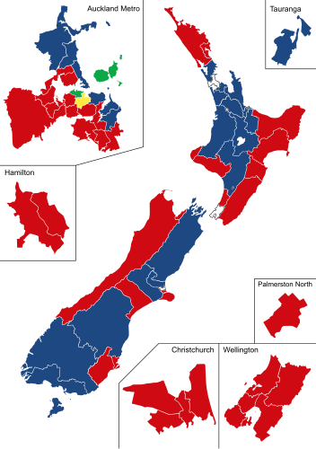 Карта Новой Зеландии с разделениями для общих электоратов, отображаемая разными цветами для политических партий.