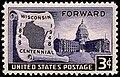 Image 19On May 29, 1948, the U.S.Post Office issued a commemorative stamp celebrating the 100th anniversary of Wisconsin statehood, featuring the state capitol building and map of Wisconsin. (from Wisconsin)