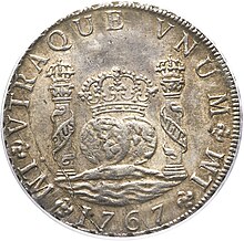 Obverse side of a Spanish Peru 8 Reales coin, depicting the two hemispheres which hosted the Spanish Empire 753-original.jpg