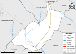 Carte en couleur présentant les réseau hydrographique de la commune